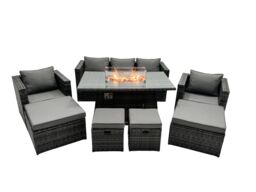 Fimous Rattan Garden Furniture Firepit Dining Set 9 Seater Lounge Sofa Table Set with 2 big Footstool in Dark Grey - thumbnail 2
