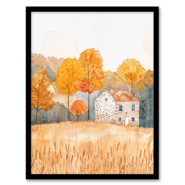 "Artery8 Autumn Forest Trees by Wheat Farm Stone House Framed Art Print in Yellow - Size: W12"" x H16""" - image 1