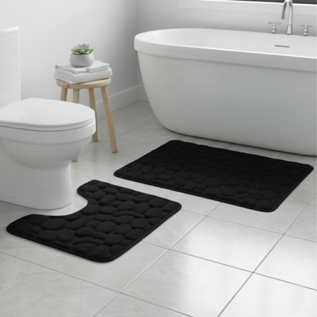 Snug City Pebble Design Memory Foam Bath Mat Set Soft Absorbent NonSlip Bathroom in Black - Size: 50 cm x 80 cm - image 1