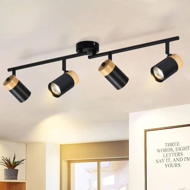 Goeco 4-Light Track Lighting Fixture, Black & Wood GU10 Ceiling Spotlights - image 1