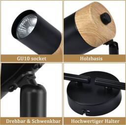 Goeco 4-Light Track Lighting Fixture, Black & Wood GU10 Ceiling Spotlights - thumbnail 6