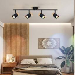 Goeco 4-Light Track Lighting Fixture, Black & Wood GU10 Ceiling Spotlights - thumbnail 3