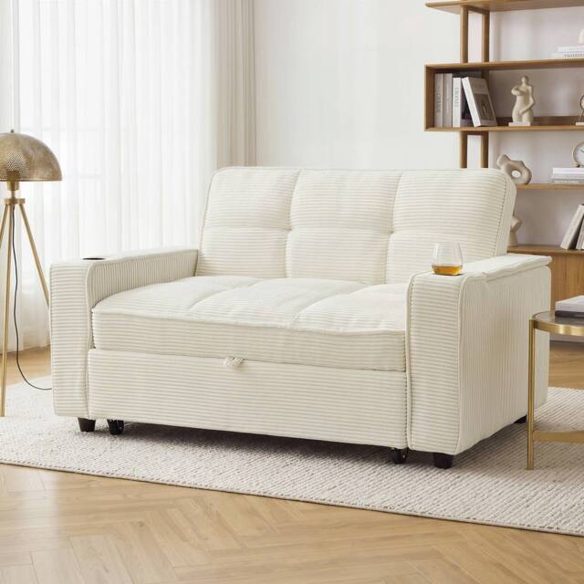 Merax 2 Seater Corduroy Convertible Pull Out Sofa Bed with LED & Storage in Beige - image 1
