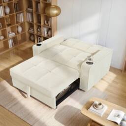 Merax 2 Seater Corduroy Convertible Pull Out Sofa Bed with LED & Storage in Beige - thumbnail 8