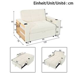 Merax 2 Seater Corduroy Convertible Pull Out Sofa Bed with LED & Storage in Beige - thumbnail 3