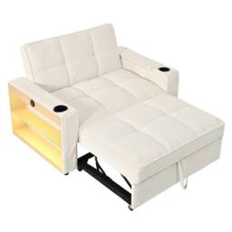 Merax 2 Seater Corduroy Convertible Pull Out Sofa Bed with LED & Storage in Beige - thumbnail 9