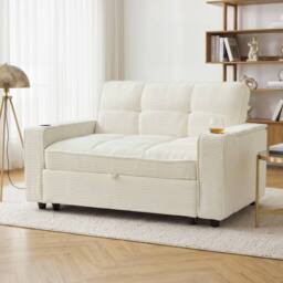 Merax 2 Seater Corduroy Convertible Pull Out Sofa Bed with LED & Storage in Beige