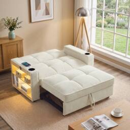 Merax 2 Seater Corduroy Convertible Pull Out Sofa Bed with LED & Storage in Beige - thumbnail 5