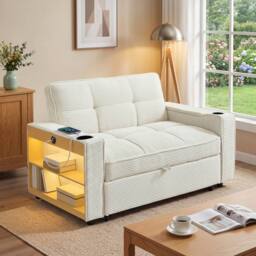 Merax 2 Seater Corduroy Convertible Pull Out Sofa Bed with LED & Storage in Beige - thumbnail 4