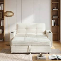 Merax 2 Seater Corduroy Convertible Pull Out Sofa Bed with LED & Storage in Beige - thumbnail 2