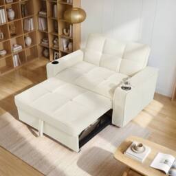 Merax 2 Seater Corduroy Convertible Pull Out Sofa Bed with LED & Storage in Beige - thumbnail 7