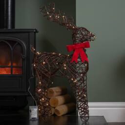 Samuel Alexander 60cm Battery Operated Christmas Reindeer with Red Bow & White LEDs in Brown - thumbnail 2