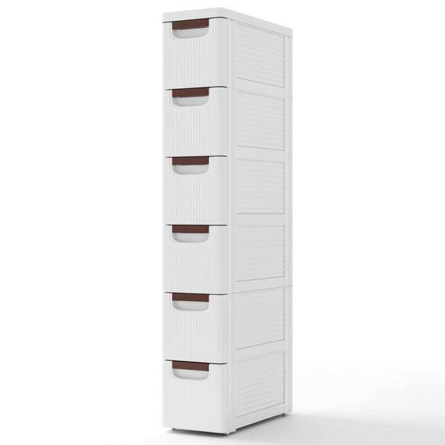 Costway 6 Drawer Tall Storage Cabinet w/4 Wheels Narrow Floor Cabinet Cupboard in White - image 1