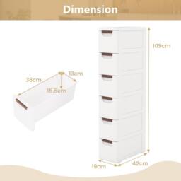 Costway 6 Drawer Tall Storage Cabinet w/4 Wheels Narrow Floor Cabinet Cupboard in White - thumbnail 2