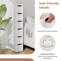 Costway 6 Drawer Tall Storage Cabinet w/4 Wheels Narrow Floor Cabinet Cupboard in White - thumbnail 8