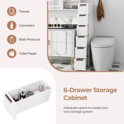 Costway 6 Drawer Tall Storage Cabinet w/4 Wheels Narrow Floor Cabinet Cupboard in White - thumbnail 6
