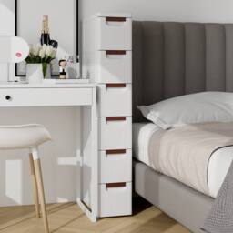 Costway 6 Drawer Tall Storage Cabinet w/4 Wheels Narrow Floor Cabinet Cupboard in White - thumbnail 5