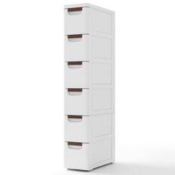 Costway 6 Drawer Tall Storage Cabinet w/4 Wheels Narrow Floor Cabinet Cupboard in White - thumbnail 1