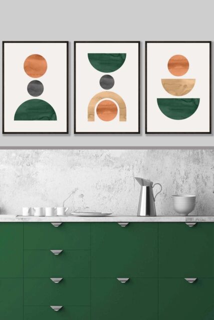 ARTZE Set of 3 Black Framed Mid Century Graphical Shapes in Green Orange Yellow Wall Art - Size: W33 cm x H45 cm x D20mm - image 1