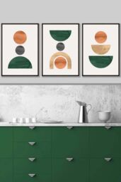 ARTZE Set of 3 Black Framed Mid Century Graphical Shapes in Green Orange Yellow Wall Art - Size: W33 cm x H45 cm x D20mm - thumbnail 1