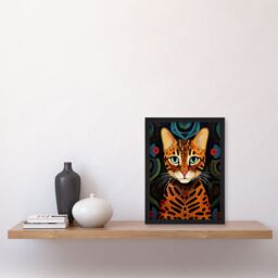Artery8 Wall Art Print Mischievous Bengal Cat Orange Blue Green Oil Painting with Abstract Botanical Patterns Artwork Framed - Size: A4 - thumbnail 4