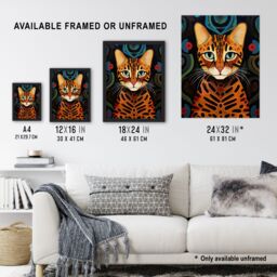 Artery8 Wall Art Print Mischievous Bengal Cat Orange Blue Green Oil Painting with Abstract Botanical Patterns Artwork Framed - Size: A4 - thumbnail 3