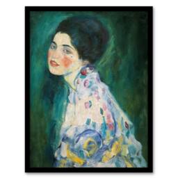 Artery8 Portrait of a Lady in Floral Dress Klimt Framed Wall Art Print in Green - Size: A4 - thumbnail 1