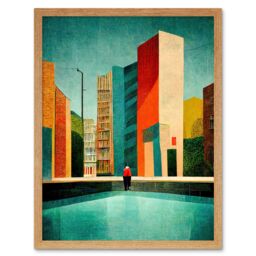 "Artery8 Wall Art Print Midcentury Style Cityscape Skyline Painting Orange Teal Ochre Art Framed in Light Oak - Size: W12"" x H16""" - thumbnail 1