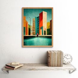 "Artery8 Wall Art Print Midcentury Style Cityscape Skyline Painting Orange Teal Ochre Art Framed in Light Oak - Size: W12"" x H16""" - thumbnail 2