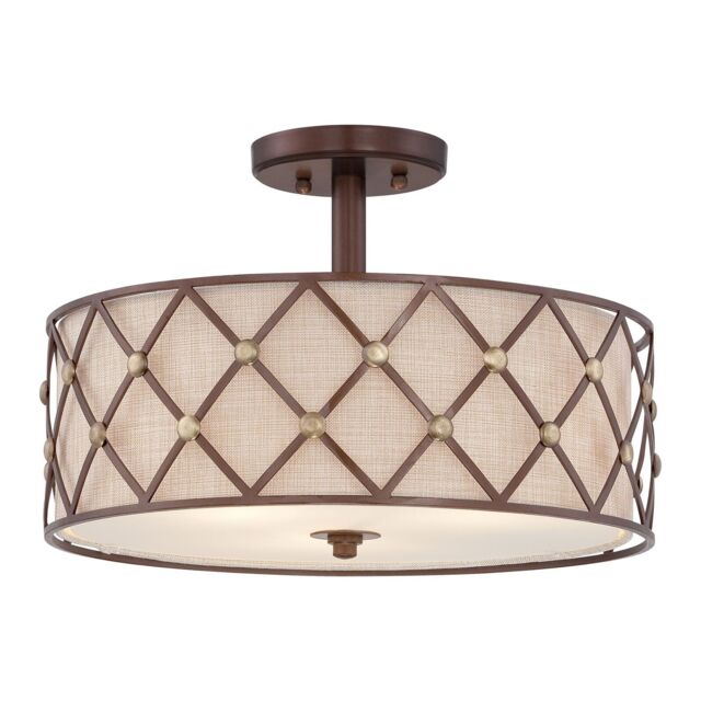 Loops 3 Bulb Semi Flush Light Criss Cross Lattice Tan Shade Copper Canyon LED E27 100W