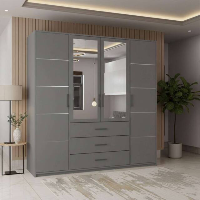 MN Furniture Spacious Hinged Wardrobe with Mirror Door & Drawers 200cm x 200cm in Grey - Size: 200 cm x 200 cm - image 1