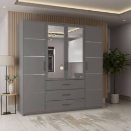MN Furniture Spacious Hinged Wardrobe with Mirror Door & Drawers 200cm x 200cm in Grey - Size: 200 cm x 200 cm - thumbnail 1