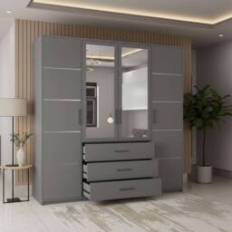 MN Furniture Spacious Hinged Wardrobe with Mirror Door & Drawers 200cm x 200cm in Grey - Size: 200 cm x 200 cm - thumbnail 3