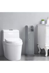 Living and Home Grey Wooden Freestanding Toilet Roll Holder & Bathroom Storage Cupboard - thumbnail 2