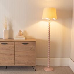 ValueLights Bobbins Painted Rose Floor Lamp with Linen Scallop White Trim Shade & LED Bulb in Pale Pink