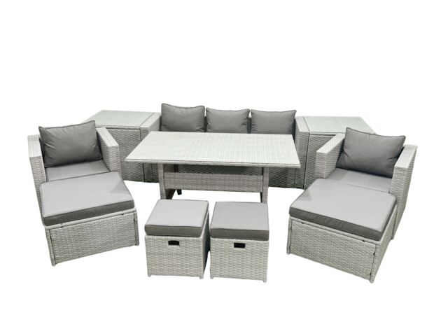 Fimous Rattan Garden Furniture Set Outdoor 9 Seater Patio Dining Sets with Glass Top Dining Table & 2 Side Tables Light Grey Mixed - image 1