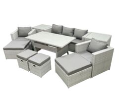 Fimous Rattan Garden Furniture Set Outdoor 9 Seater Patio Dining Sets with Glass Top Dining Table & 2 Side Tables Light Grey Mixed - thumbnail 2