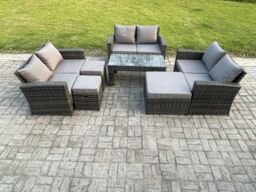 Fimous Outdoor U Shape Sofa Set Wicker PE Rattan Garden Furniture Set with Coffee Table Double Seat Sofa 3 Footstools in Dark Grey - thumbnail 1