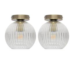 First Choice Lighting Set of 2 Betchley - Clear Ribbed Glass Antique Brass Ceiling Lights - thumbnail 1