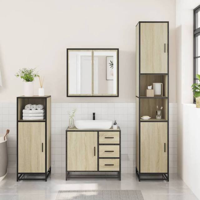 Berkfield Home Durable 3 Piece Bathroom Furniture Set Sonoma Oak Engineered Wood in Light Oak - image 1