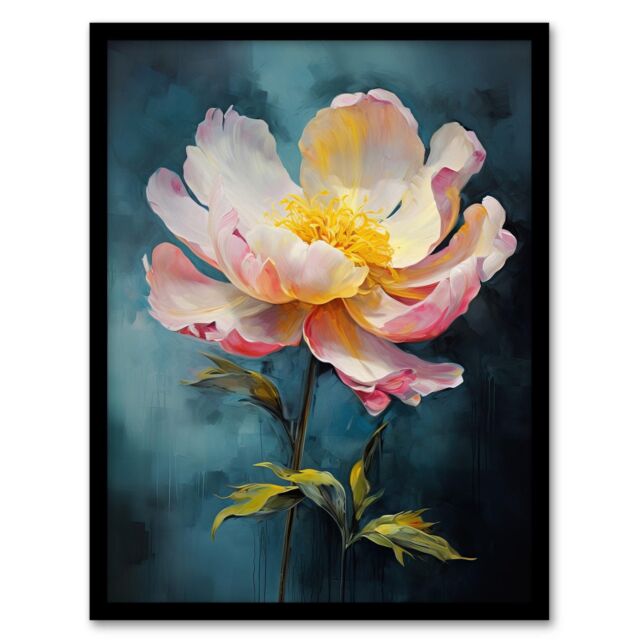 "Wee Blue Coo Wall Art Print Peony Pleasure Oil Painting Blue Pink Orange Single Flower Spring Bloom Floral Art Framed - Size: W12"" x H16""" - image 1