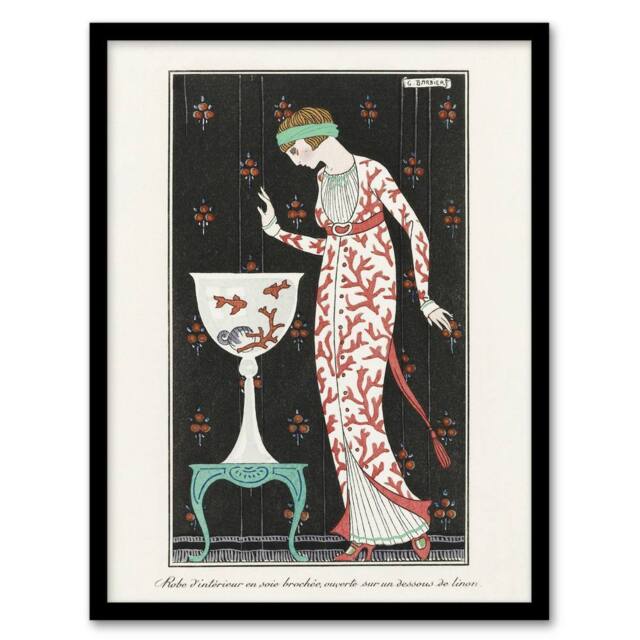 Artery8 Coral Evening Dress Fashion Advert Barbier Framed Wall Art Print in White - Size: A4 - image 1