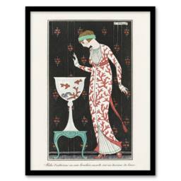Artery8 Coral Evening Dress Fashion Advert Barbier Framed Wall Art Print in White - Size: A4 - thumbnail 1