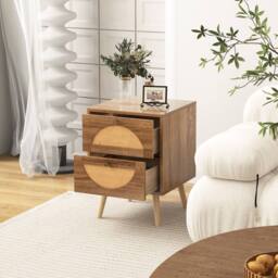Costway Rattan Nightstand Bohemian Style Sofa Side Table End Table w/2 Drawers in Natural - thumbnail 9