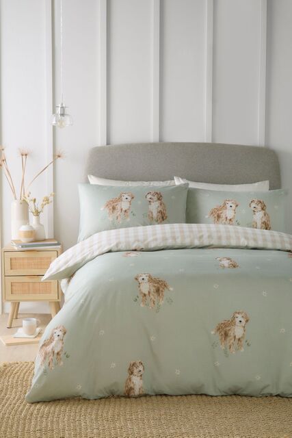 Fusion 'Hattie the Cockerpoo' Cute Dog Print Peach Textured Duvet Cover Set in Light Green - Size: Double - image 1