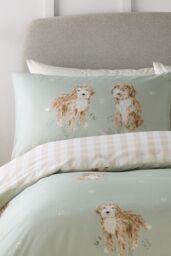 Fusion 'Hattie the Cockerpoo' Cute Dog Print Peach Textured Duvet Cover Set in Light Green - Size: Double - thumbnail 2