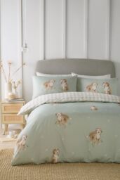 Fusion 'Hattie the Cockerpoo' Cute Dog Print Peach Textured Duvet Cover Set in Light Green - Size: Double - thumbnail 1