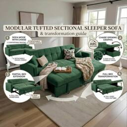 Bed Time UK Luxora L-Shaped Sofa Bed with Storage Chaise 3 Seater in Green - thumbnail 4