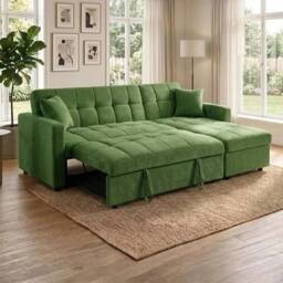 Bed Time UK Luxora L-Shaped Sofa Bed with Storage Chaise 3 Seater in Green - thumbnail 1