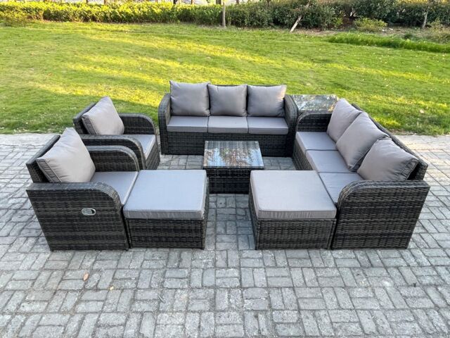 Fimous High Back Rattan Garden Furniture Set with Square Coffee Table 2 Big Footstool Side Table Indoor Outdoor Patio Lounge Sofa Set in Dark Grey - image 1